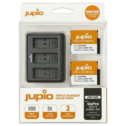 Jupio Value Pack (2x Battery GoPro HERO9/HERO10, AHDBT-901 1730mAh + Compact USB Triple töltő)